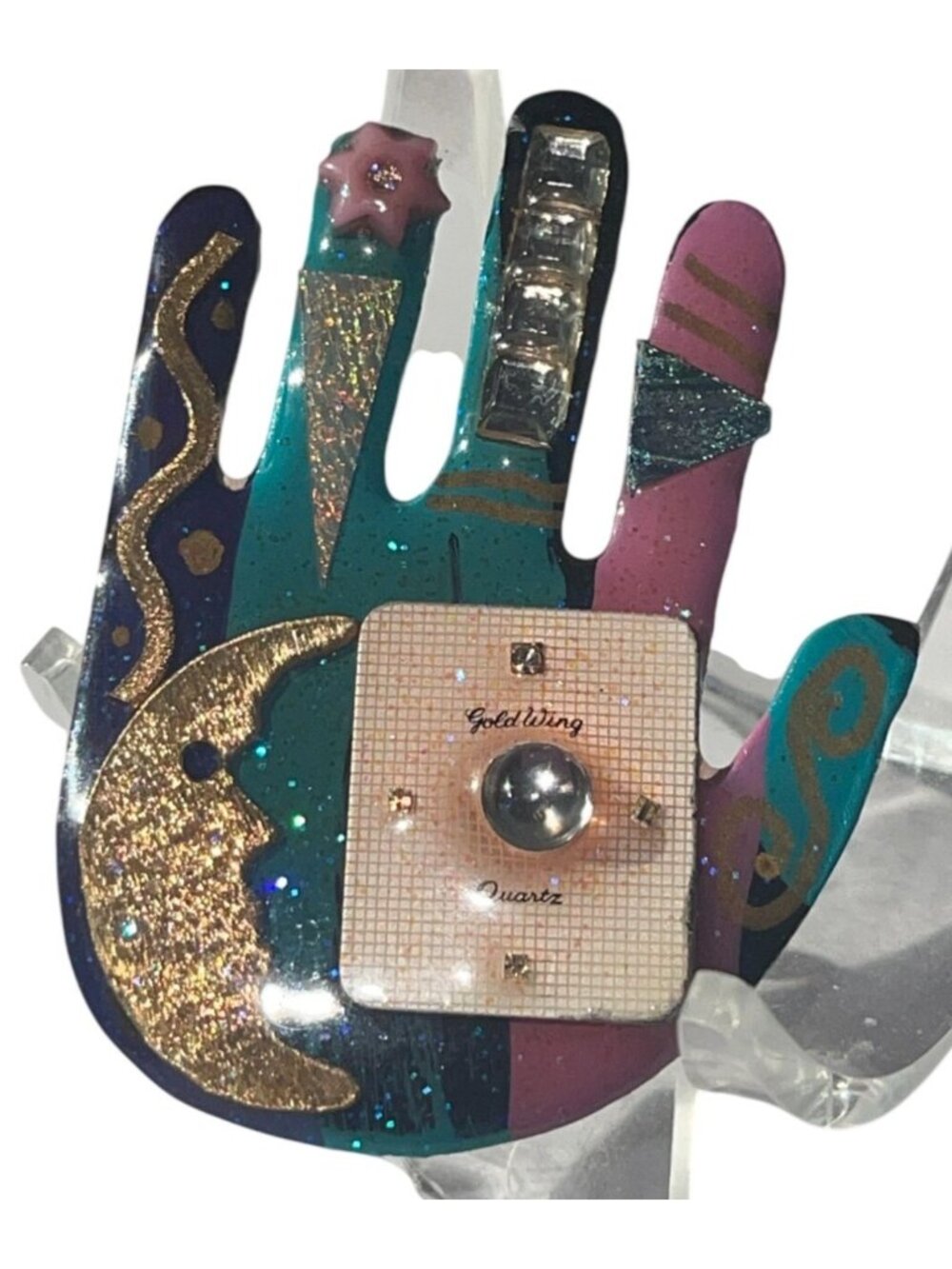 Unique Artisan Mixed Media Man In The Moon Watching a Quartz Watch Design Hand-S